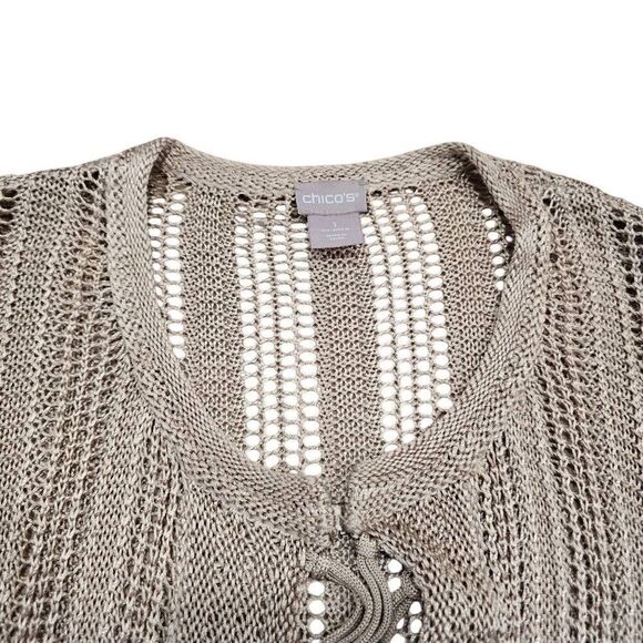 Chico's Sweater Womens Medium Beige Knit Fringed 100% Rayon Drape Front Cardigan - Picture 5 of 8